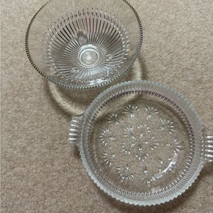 Jeanette Glass 3 Footed Bowl Gold Beaded Edge Ribbed & 2 Handle Press Glass Bowl